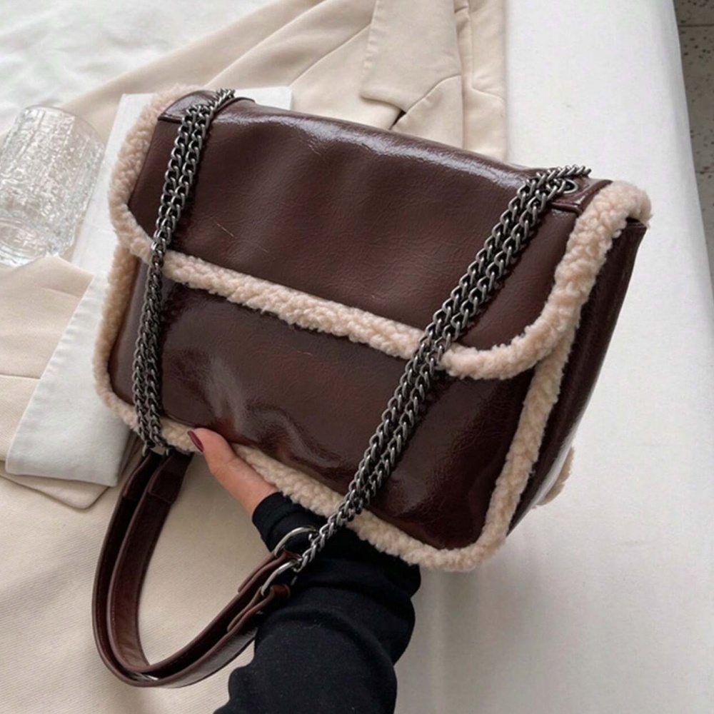 Luxe Vegan Leather Chain Strap Teddy Trim Shoulder Bag